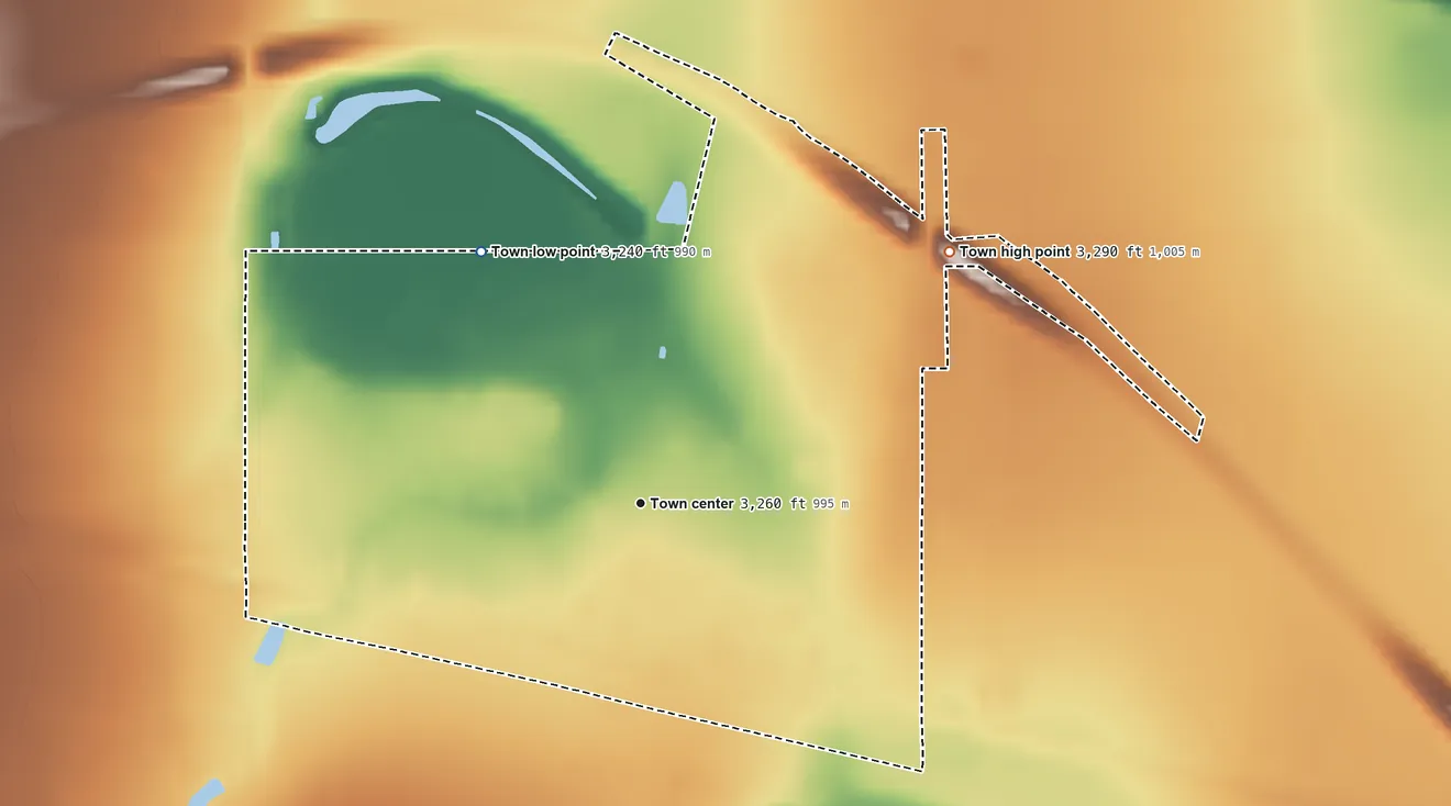 Topographic elevation map of Groom, Texas, shaded from 3,240 ft on the northwest side to 3,290 ft on the northeast side
