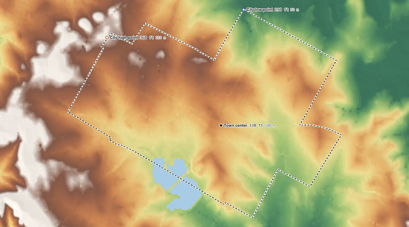 Topographic elevation map of Groveton, Texas, shaded from 290 ft on the north side to 360 ft on the northwest side