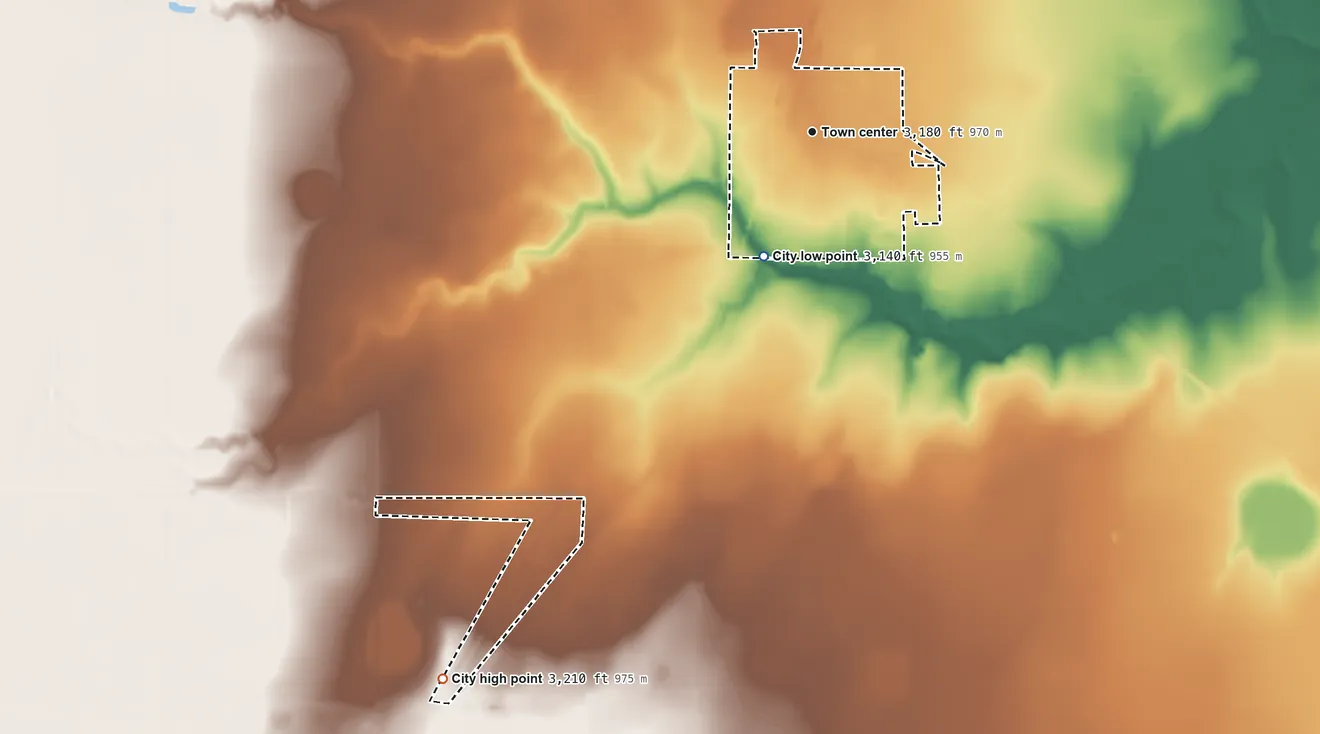 Topographic elevation map of Gruver, Texas, shaded from 3,140 ft on the south side to 3,210 ft on the southwest side