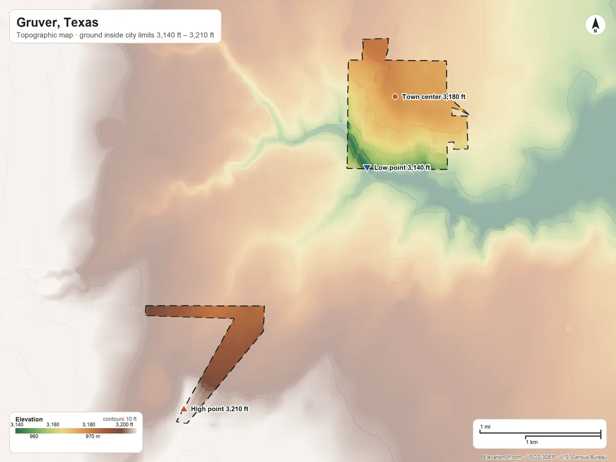 Topographic elevation map of Gruver, Texas, shaded from 3,140 ft on the south side to 3,210 ft on the southwest side