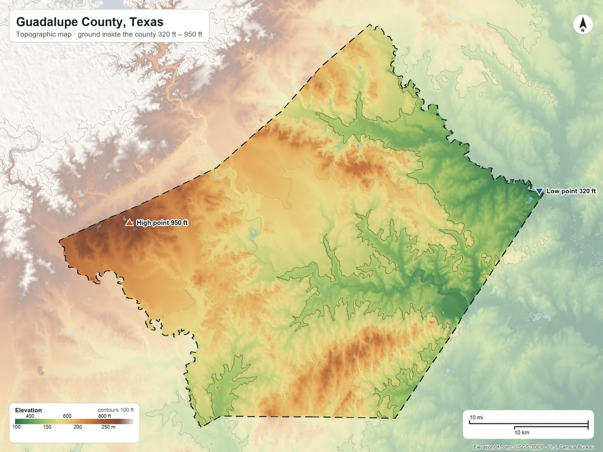 Topographic elevation map of Guadalupe County, Texas, shaded from 320 ft on the east side to 950 ft on the west side