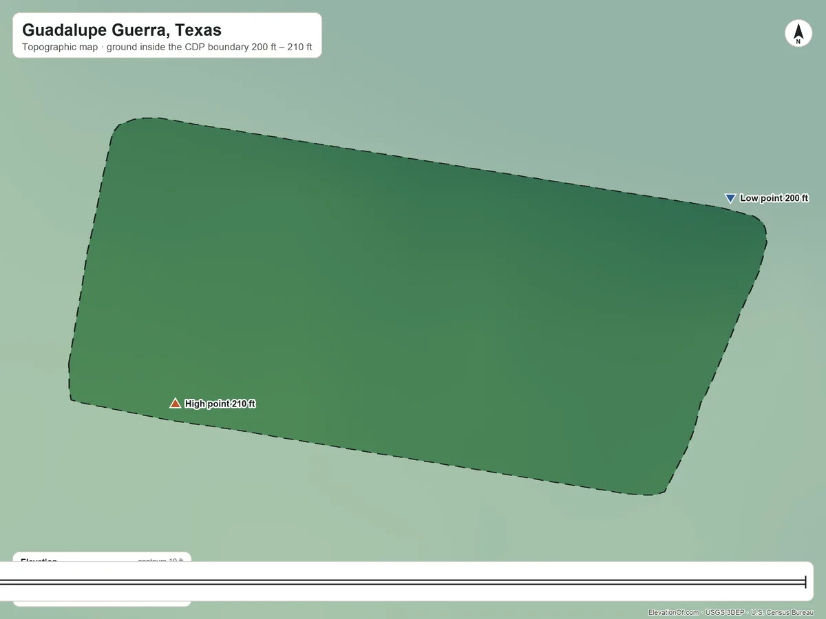 Topographic elevation map of Guadalupe Guerra, Texas, shaded from 200 ft on the northeast side to 210 ft on the west side
