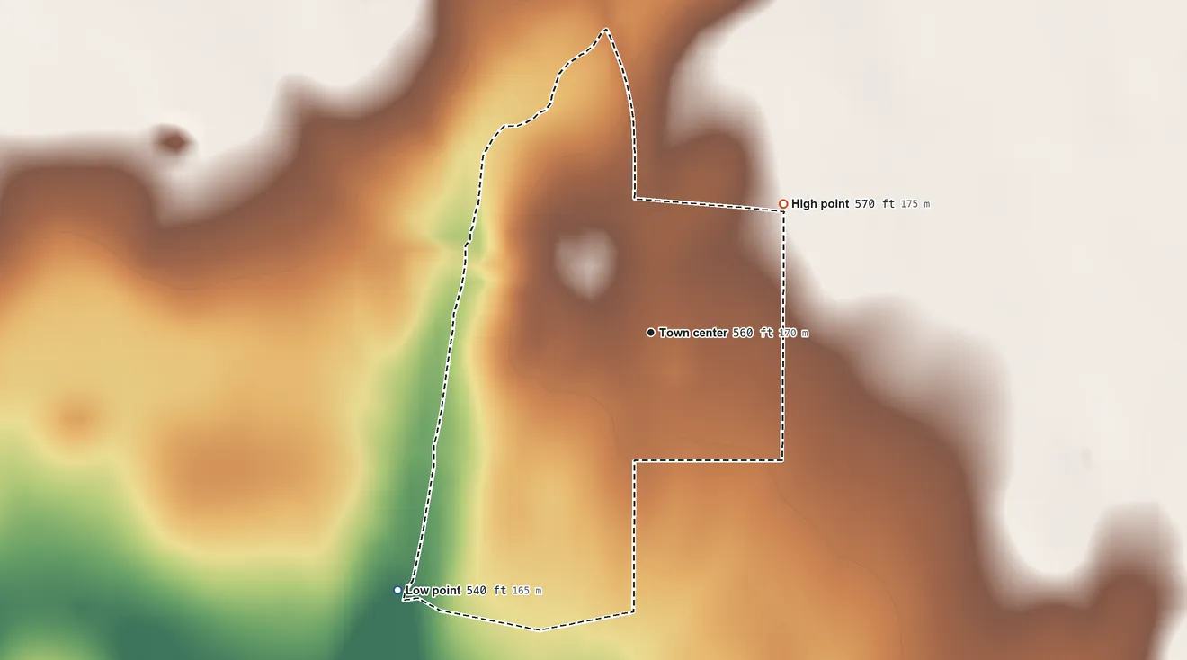 Topographic elevation map of Guerra, Texas, shaded from 540 ft on the southwest side to 570 ft on the northeast side