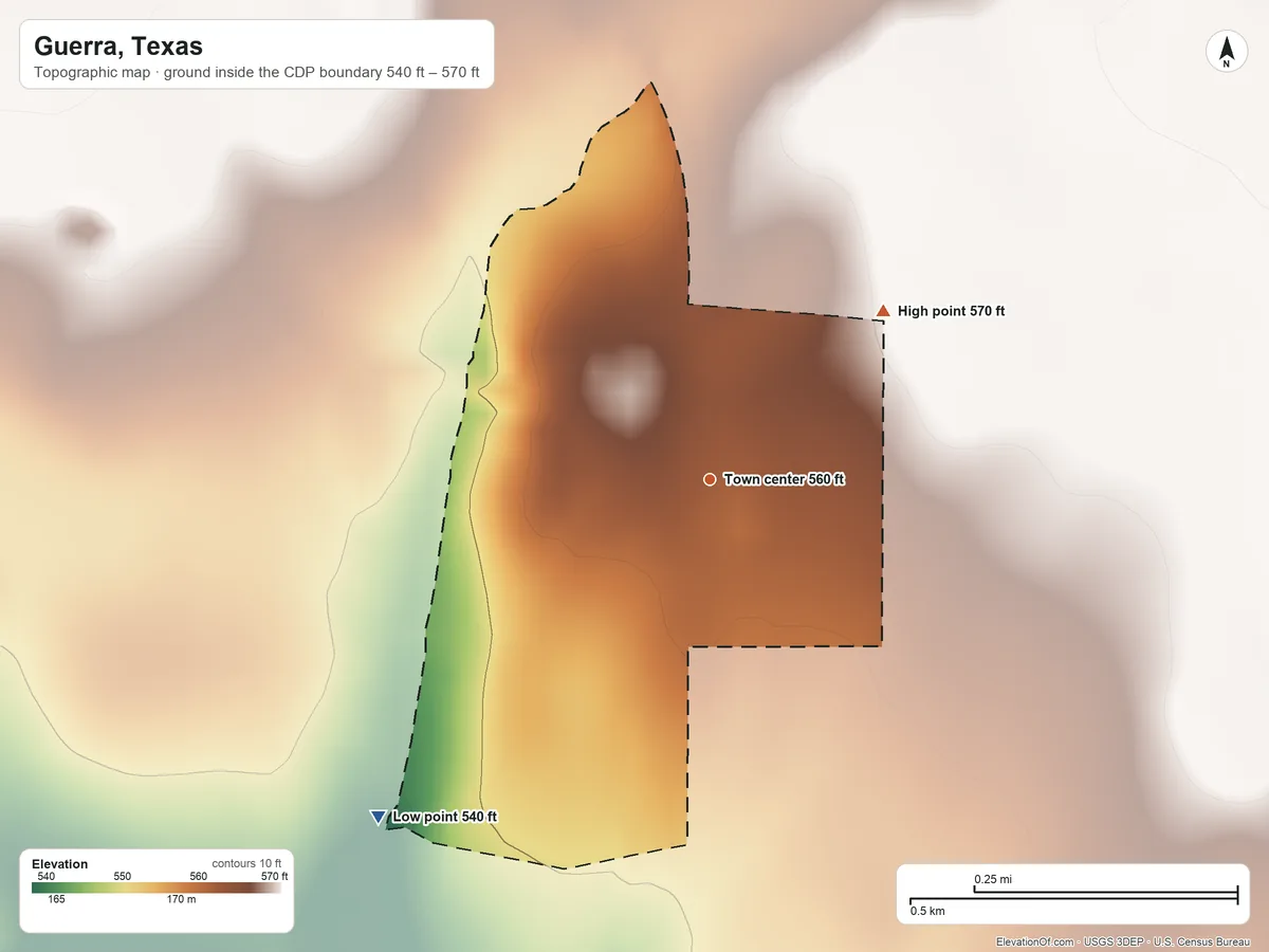 Topographic elevation map of Guerra, Texas, shaded from 540 ft on the southwest side to 570 ft on the northeast side