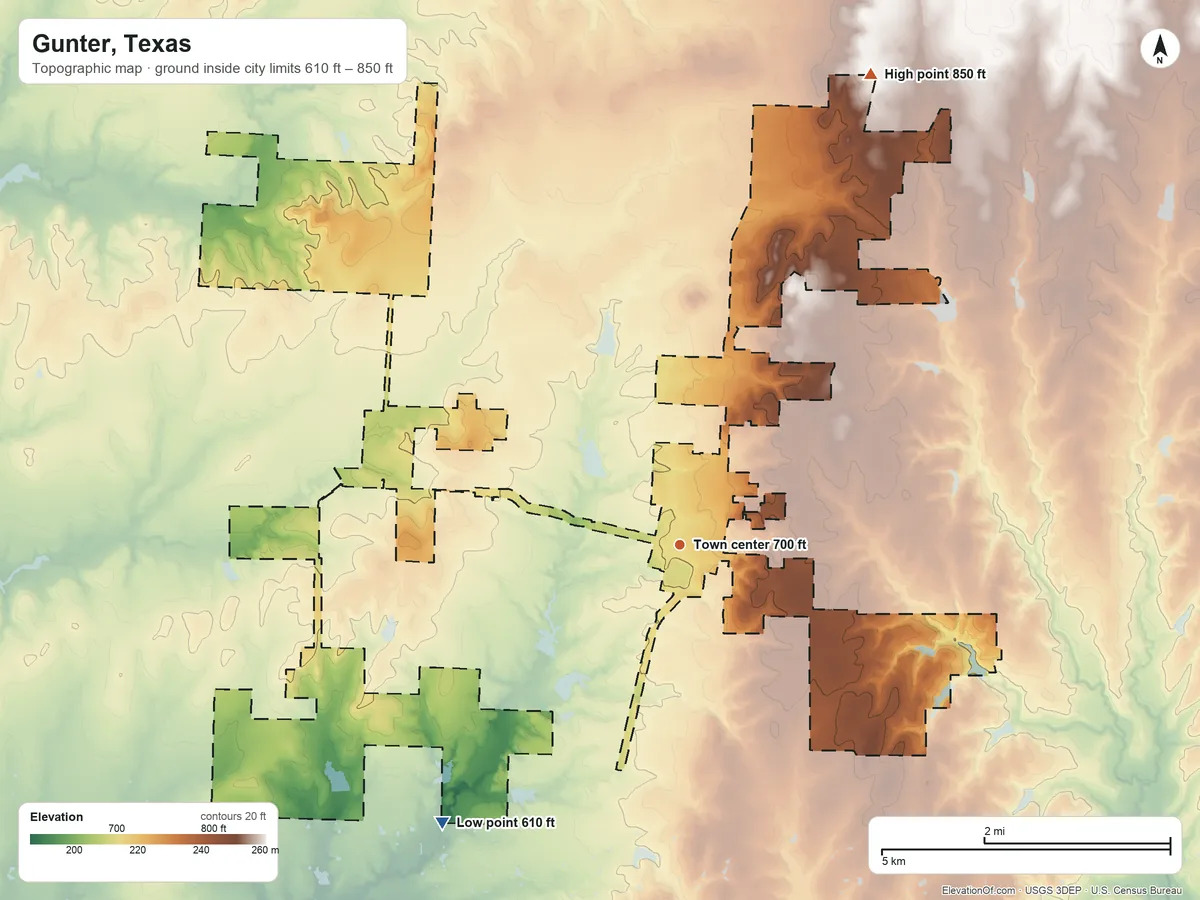 Topographic elevation map of Gunter, Texas, shaded from 610 ft on the southwest side to 850 ft on the north side