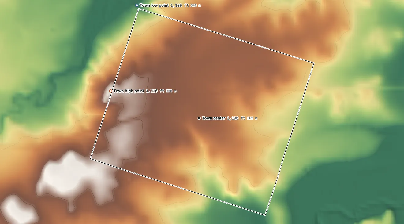Topographic elevation map of Gustine, Texas, shaded from 1,120 ft on the northwest side to 1,210 ft on the west side