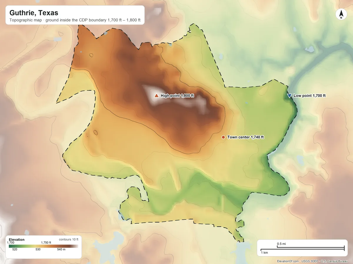 Topographic elevation map of Guthrie, Texas, shaded from 1,700 ft on the northeast side to 1,800 ft on the northwest side