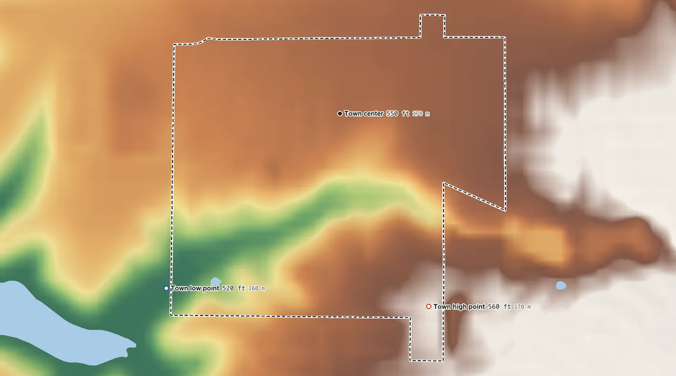 Topographic elevation map of Hackberry, Texas, shaded from 520 ft on the southwest side to 560 ft on the southeast side
