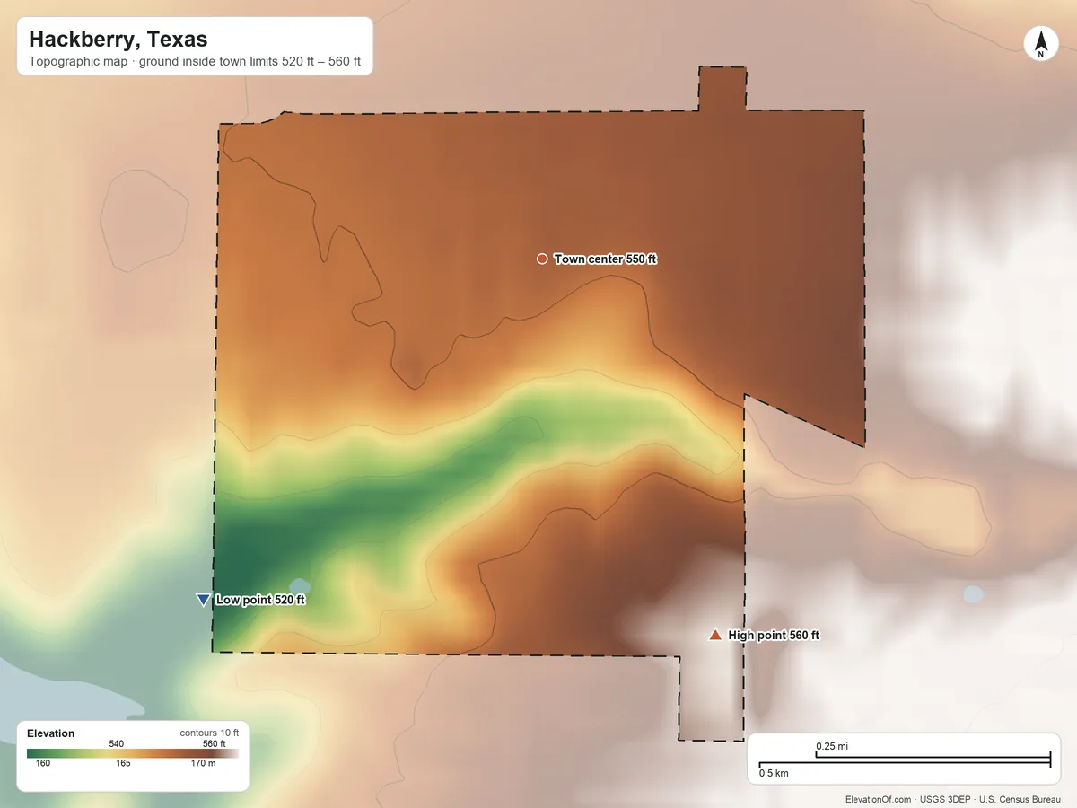 Topographic elevation map of Hackberry, Texas, shaded from 520 ft on the southwest side to 560 ft on the southeast side
