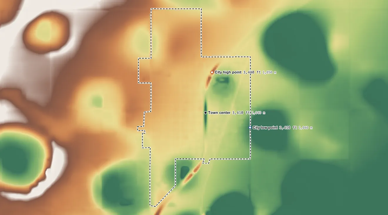 Topographic elevation map of Hale Center, Texas, shaded from 3,410 ft on the east side to 3,440 ft on the north side