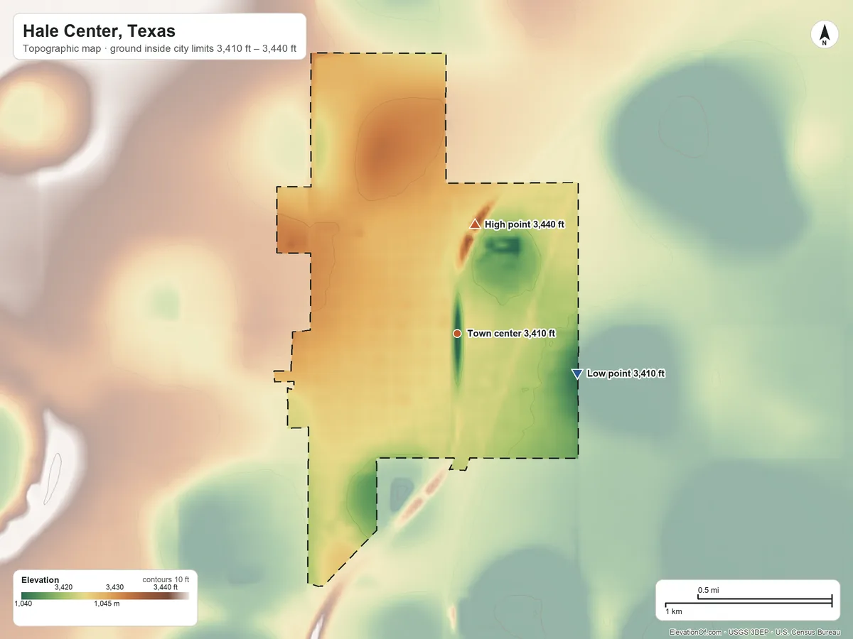 Topographic elevation map of Hale Center, Texas, shaded from 3,410 ft on the east side to 3,440 ft on the north side