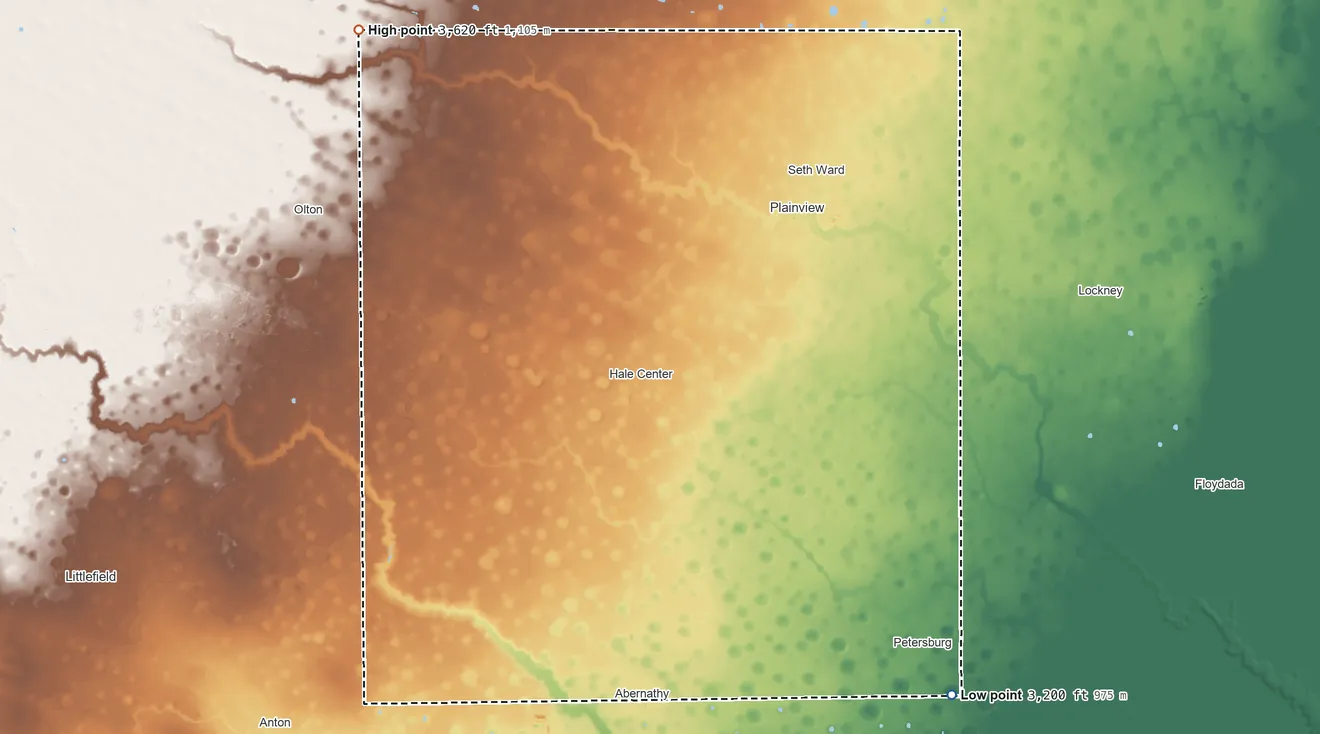 Topographic elevation map of Hale County, Texas, shaded from 3,200 ft on the southeast side to 3,620 ft on the northwest side