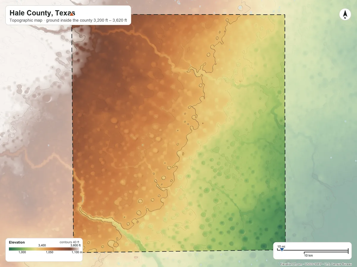 Topographic elevation map of Hale County, Texas, shaded from 3,200 ft on the southeast side to 3,620 ft on the northwest side