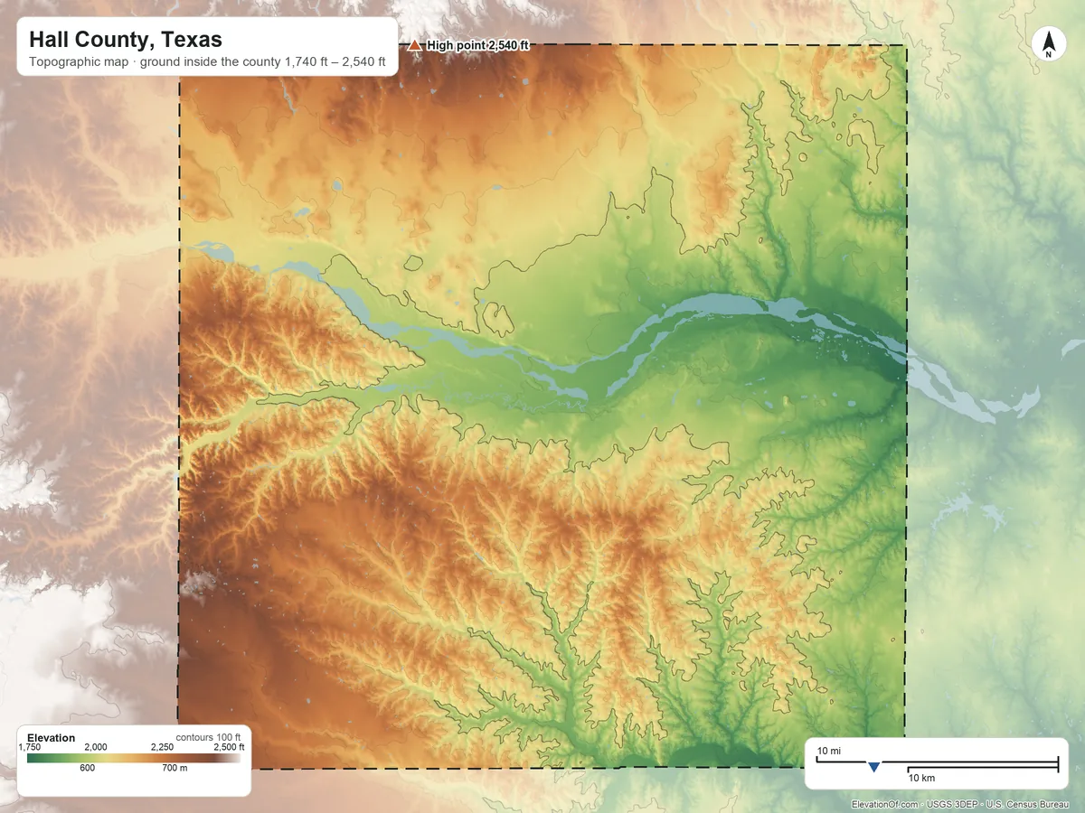 Topographic elevation map of Hall County, Texas, shaded from 1,740 ft on the southeast side to 2,540 ft on the north side