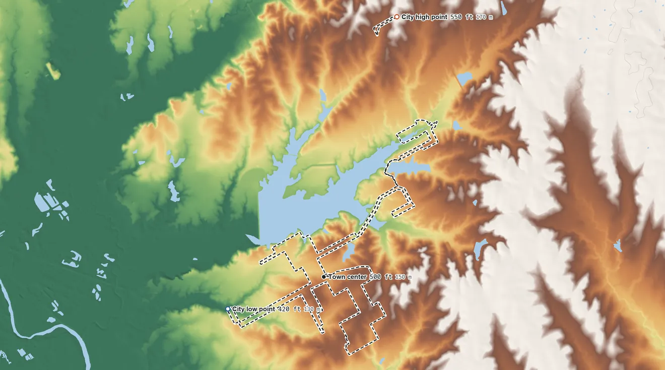 Topographic elevation map of Hallsburg, Texas, shaded from 420 ft on the west side to 550 ft on the north side