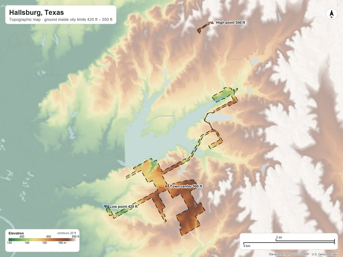 Topographic elevation map of Hallsburg, Texas, shaded from 420 ft on the west side to 550 ft on the north side