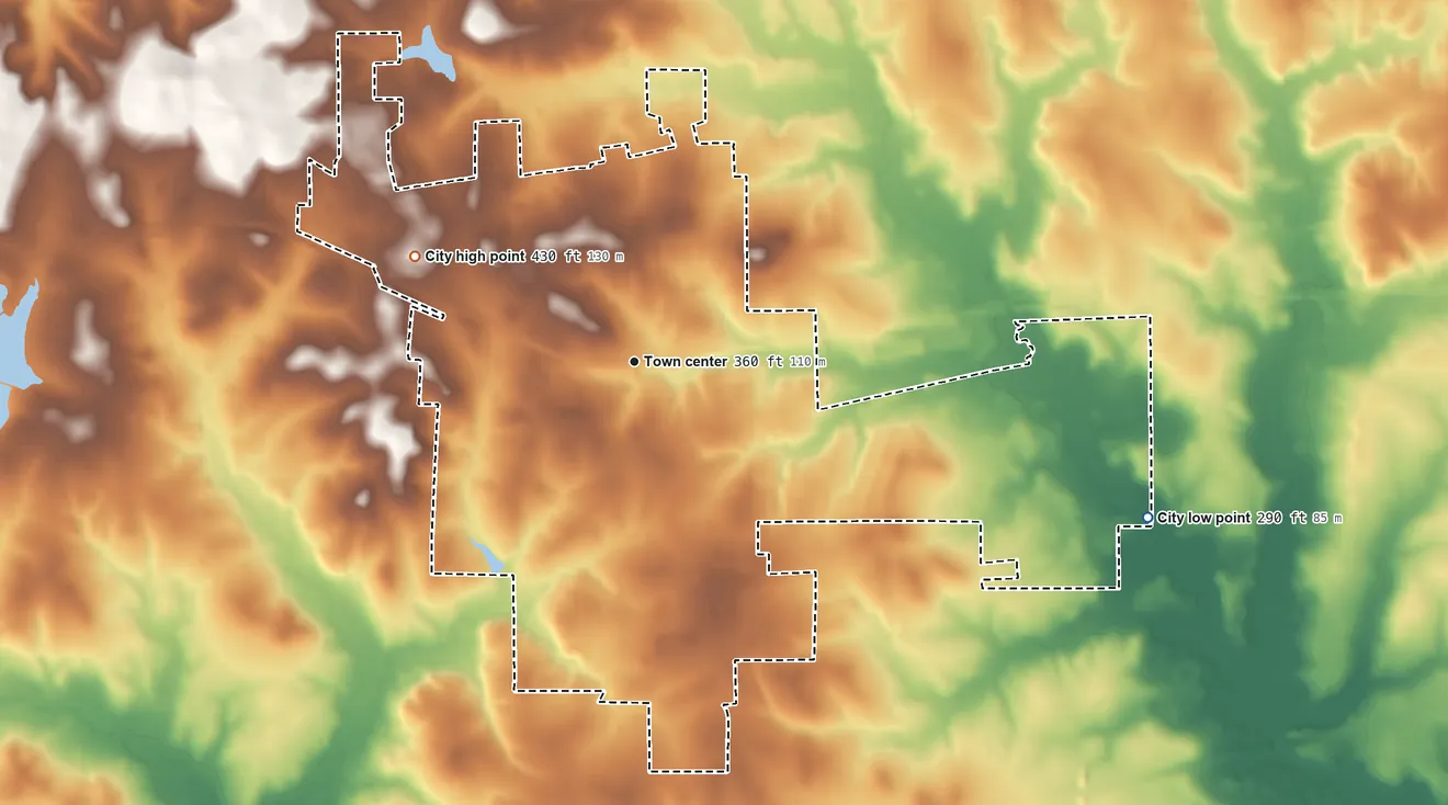 Topographic elevation map of Hallsville, Texas, shaded from 290 ft on the east side to 430 ft on the northwest side