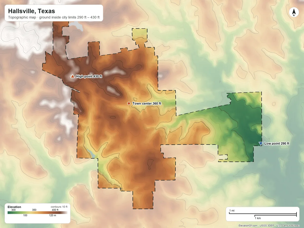 Topographic elevation map of Hallsville, Texas, shaded from 290 ft on the east side to 430 ft on the northwest side