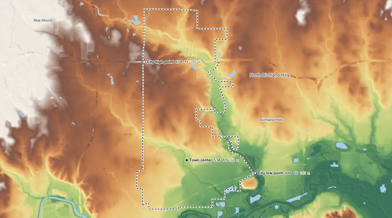 Topographic elevation map of Haltom City, Texas, shaded from 480 ft on the east side to 670 ft on the northwest side