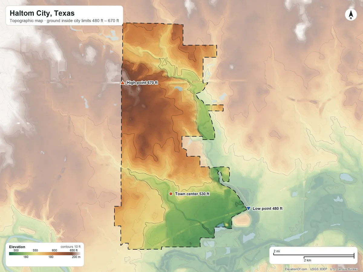 Topographic elevation map of Haltom City, Texas, shaded from 480 ft on the east side to 670 ft on the northwest side