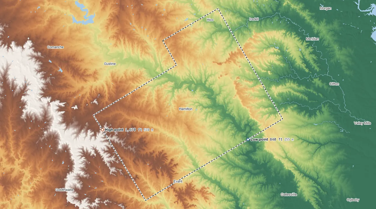 Topographic elevation map of Hamilton County, Texas, shaded from 840 ft on the southeast side to 1,670 ft on the west side