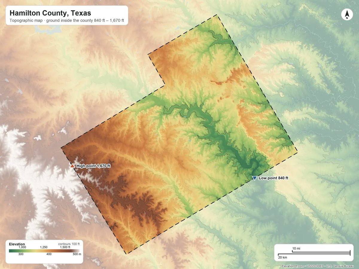 Topographic elevation map of Hamilton County, Texas, shaded from 840 ft on the southeast side to 1,670 ft on the west side