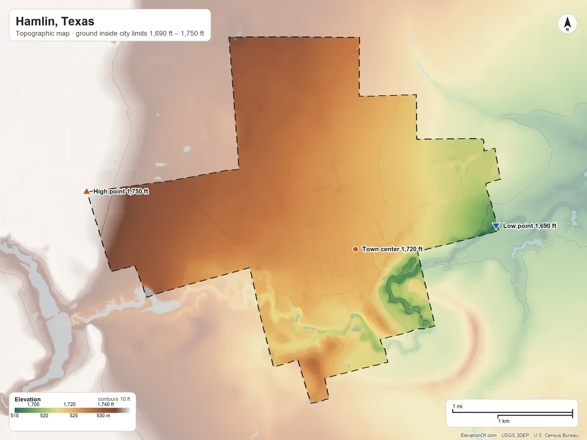 Topographic elevation map of Hamlin, Texas, shaded from 1,690 ft on the east side to 1,750 ft on the west side