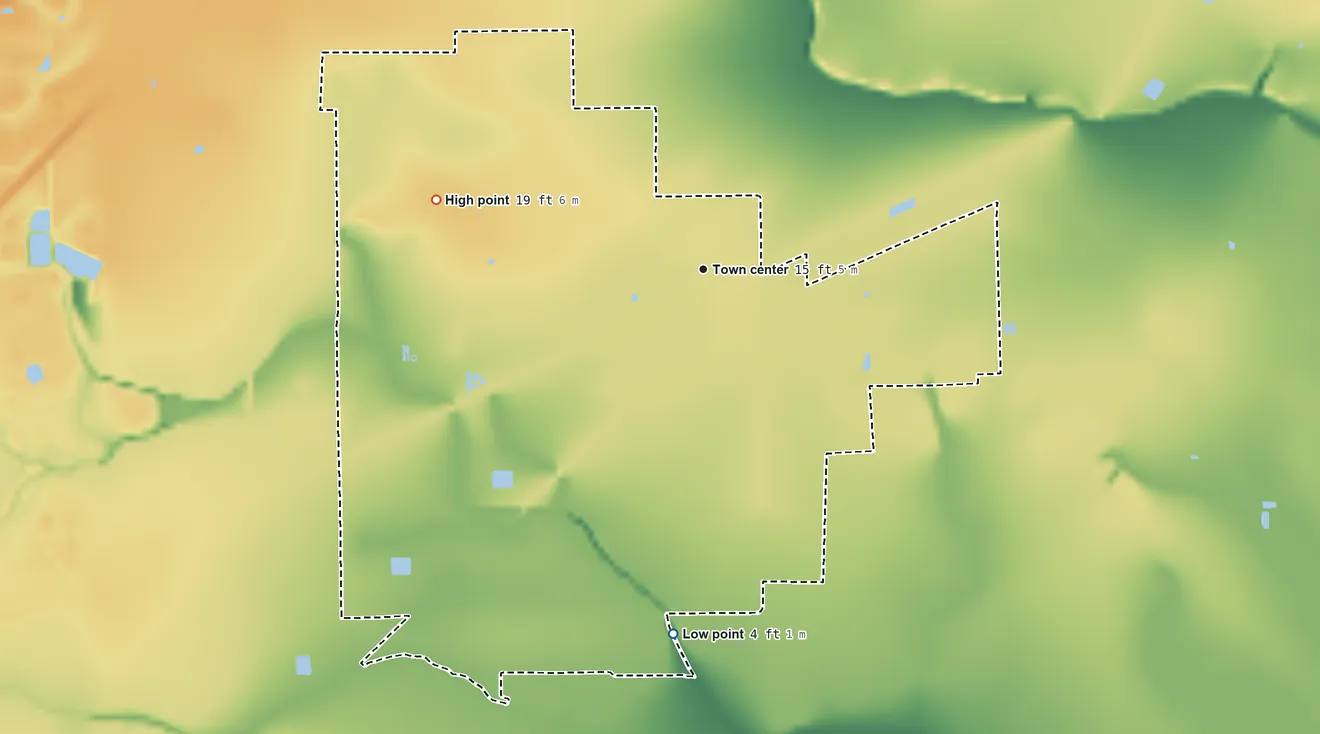 Topographic elevation map of Hamshire, Texas, shaded from 4 ft on the south side to 19 ft on the west side