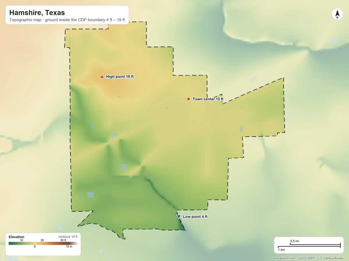 Topographic elevation map of Hamshire, Texas, shaded from 4 ft on the south side to 19 ft on the west side