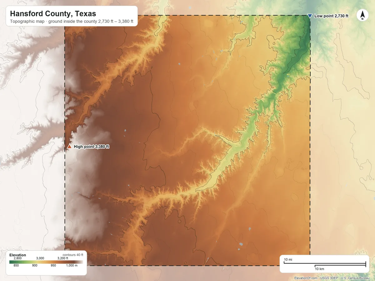 Topographic elevation map of Hansford County, Texas, shaded from 2,730 ft on the northeast side to 3,380 ft on the west side