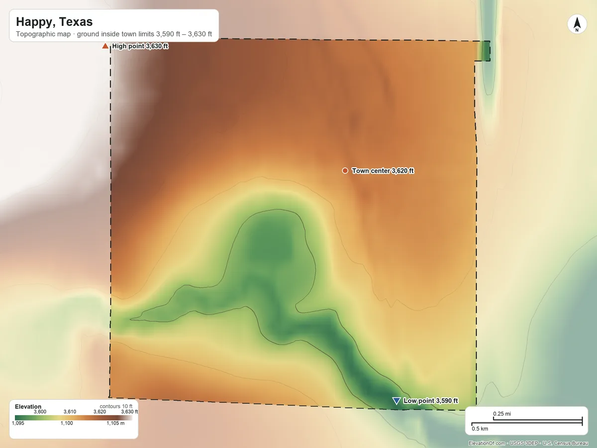 Topographic elevation map of Happy, Texas, shaded from 3,590 ft on the south side to 3,630 ft on the northwest side