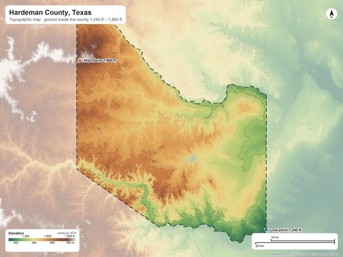 Topographic elevation map of Hardeman County, Texas, shaded from 1,240 ft on the southeast side to 1,860 ft on the northwest side