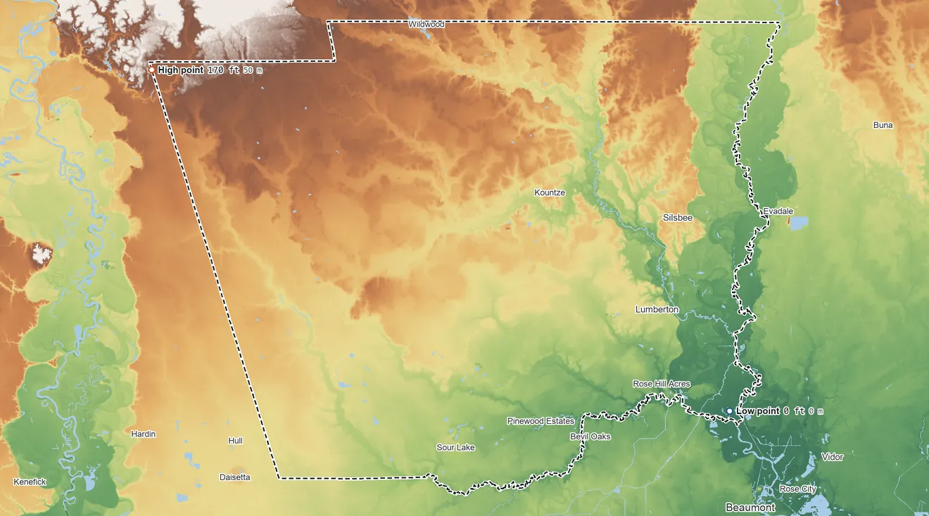 Topographic elevation map of Hardin County, Texas, shaded from 0 ft on the southeast side to 170 ft on the northwest side