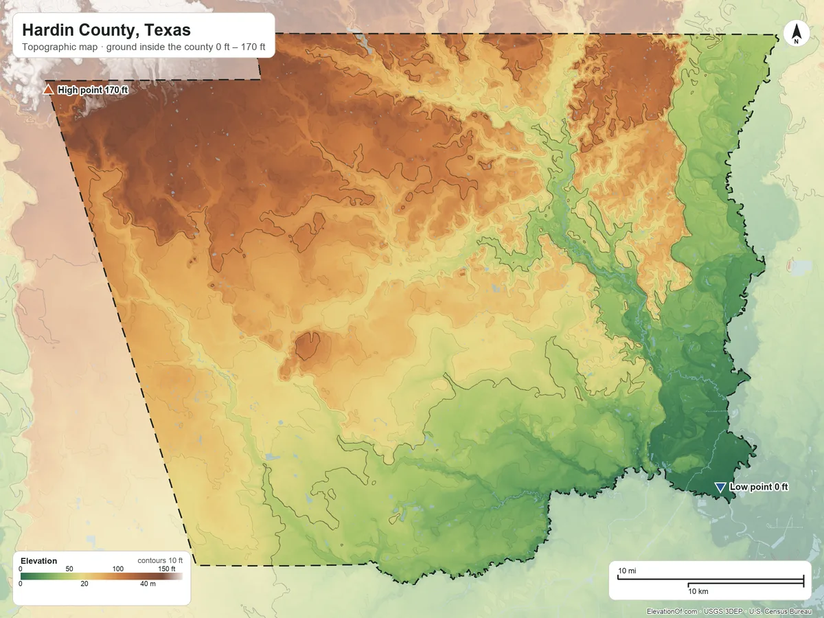 Topographic elevation map of Hardin County, Texas, shaded from 0 ft on the southeast side to 170 ft on the northwest side