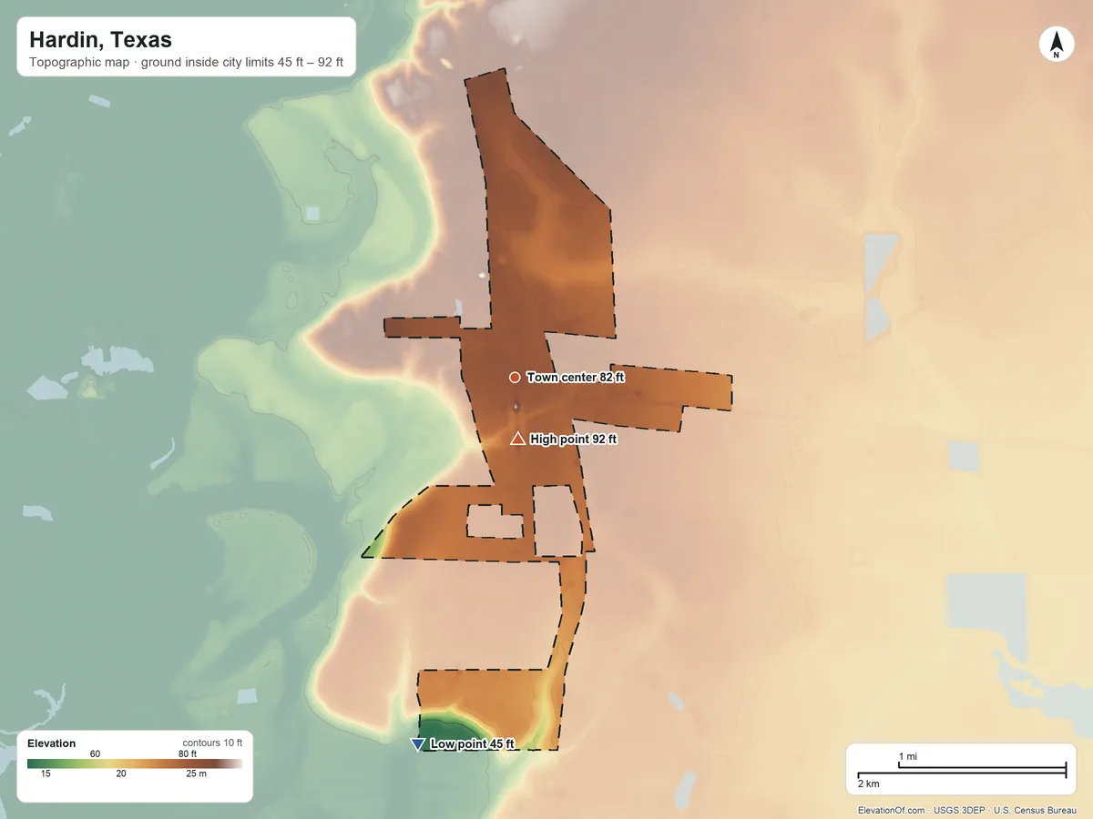 Topographic elevation map of Hardin, Texas, shaded from 45 ft on the south side to 92 ft near the middle
