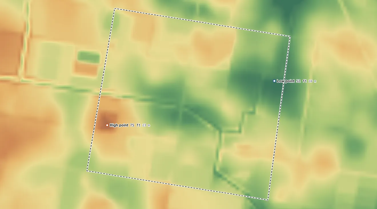 Topographic elevation map of Harding Gill Tract, Texas, shaded from 52 ft on the east side to 75 ft on the southwest side
