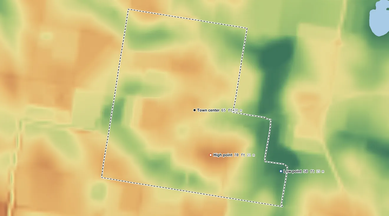 Topographic elevation map of Hargill, Texas, shaded from 50 ft on the southeast side to 70 ft on the south side