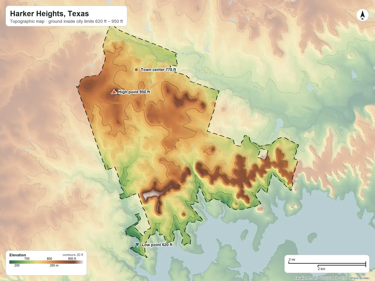 Topographic elevation map of Harker Heights, Texas, shaded from 620 ft on the south side to 950 ft near the middle