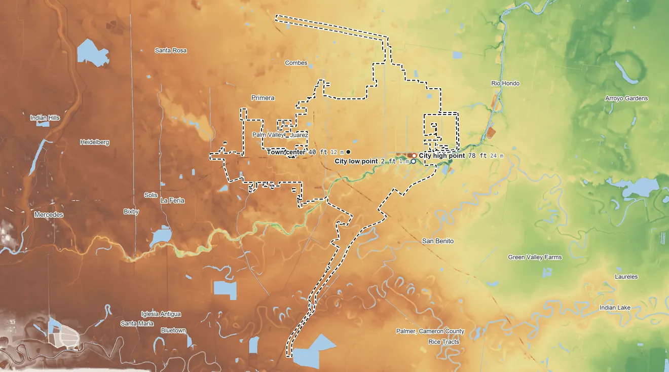 Topographic elevation map of Harlingen, Texas, shaded from 2 ft on the east side to 78 ft on the east side