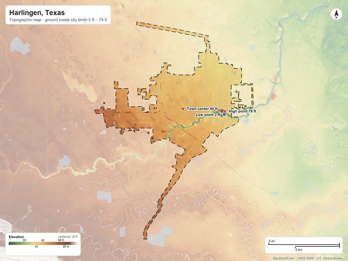 Topographic elevation map of Harlingen, Texas, shaded from 2 ft on the east side to 78 ft on the east side