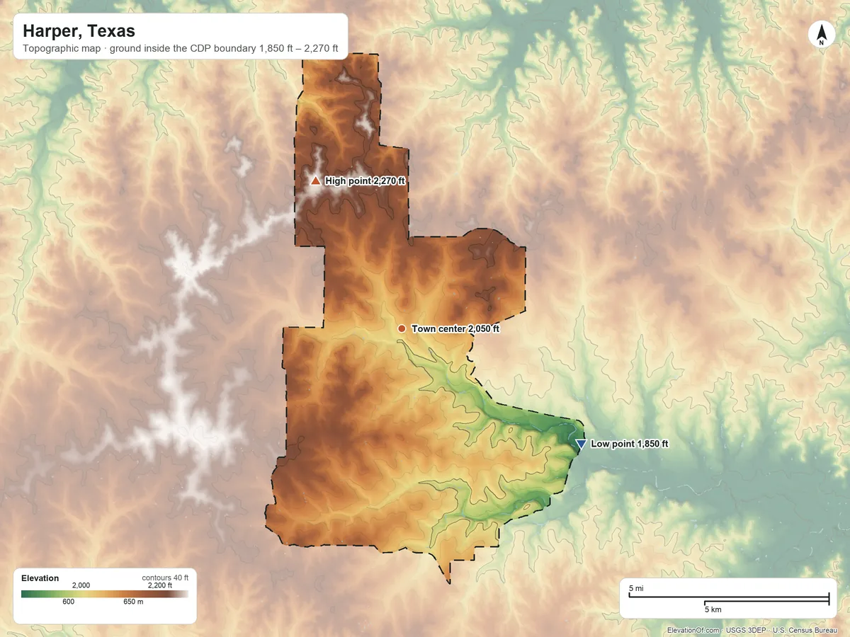 Topographic elevation map of Harper, Texas, shaded from 1,850 ft on the southeast side to 2,270 ft on the northwest side