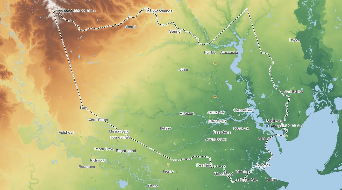 Topographic elevation map of Harris County, Texas, shaded from sea level on Black Duck Bay to 320 ft on the northwest side