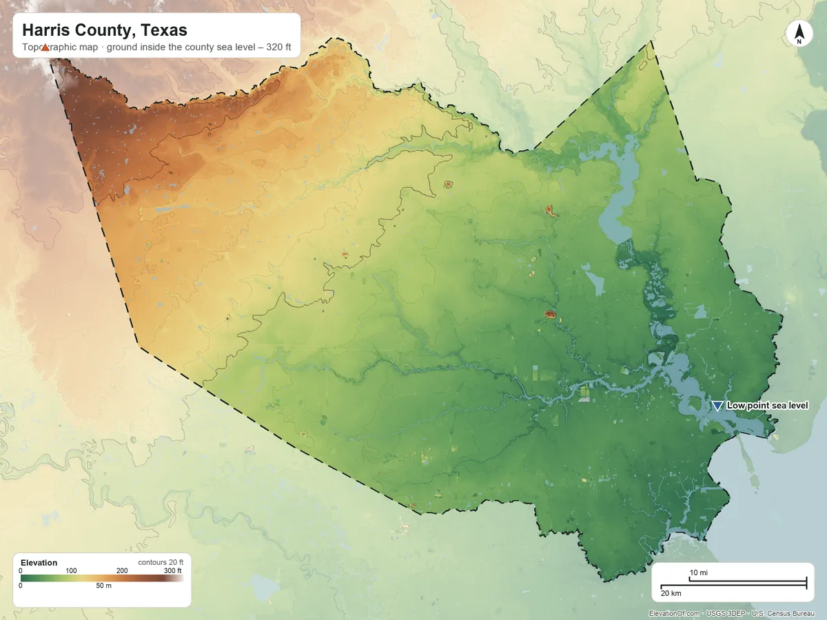 Topographic elevation map of Harris County, Texas, shaded from sea level on Black Duck Bay to 320 ft on the northwest side