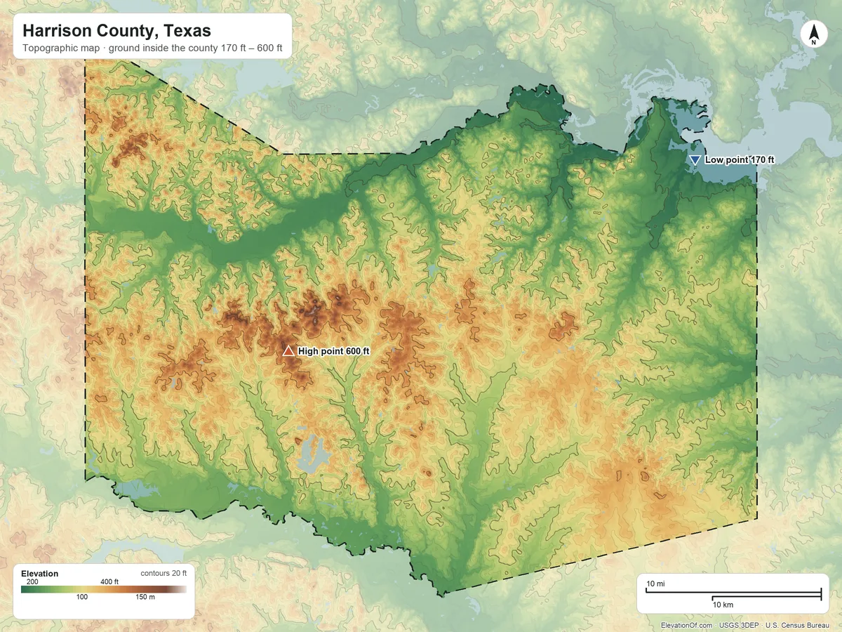 Topographic elevation map of Harrison County, Texas, shaded from 170 ft on the northeast side to 600 ft on the west side