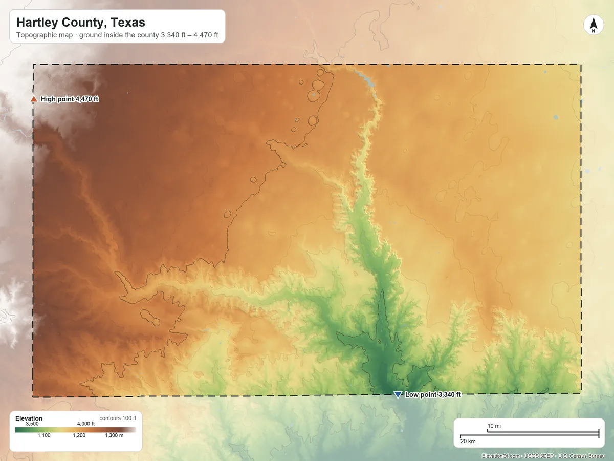Topographic elevation map of Hartley County, Texas, shaded from 3,340 ft on the southeast side to 4,470 ft on the northwest side