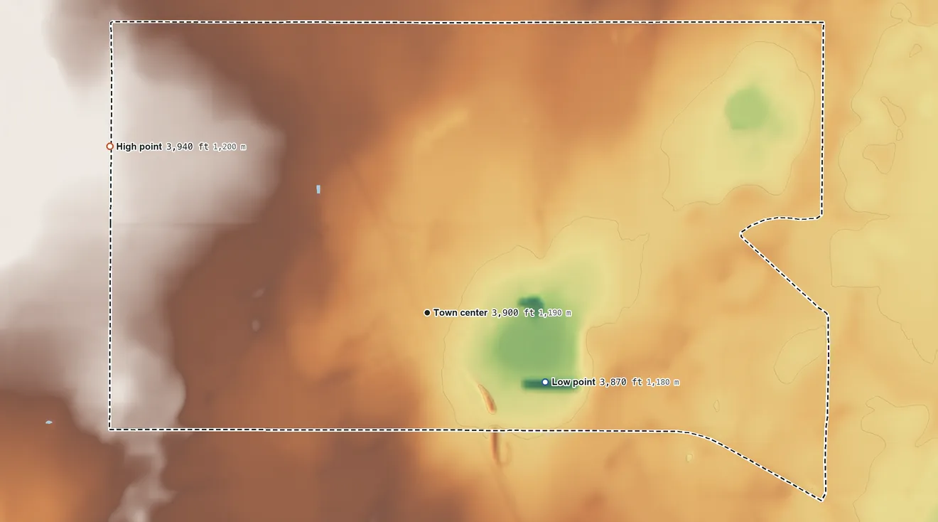Topographic elevation map of Hartley, Texas, shaded from 3,870 ft on the southeast side to 3,940 ft on the northwest side