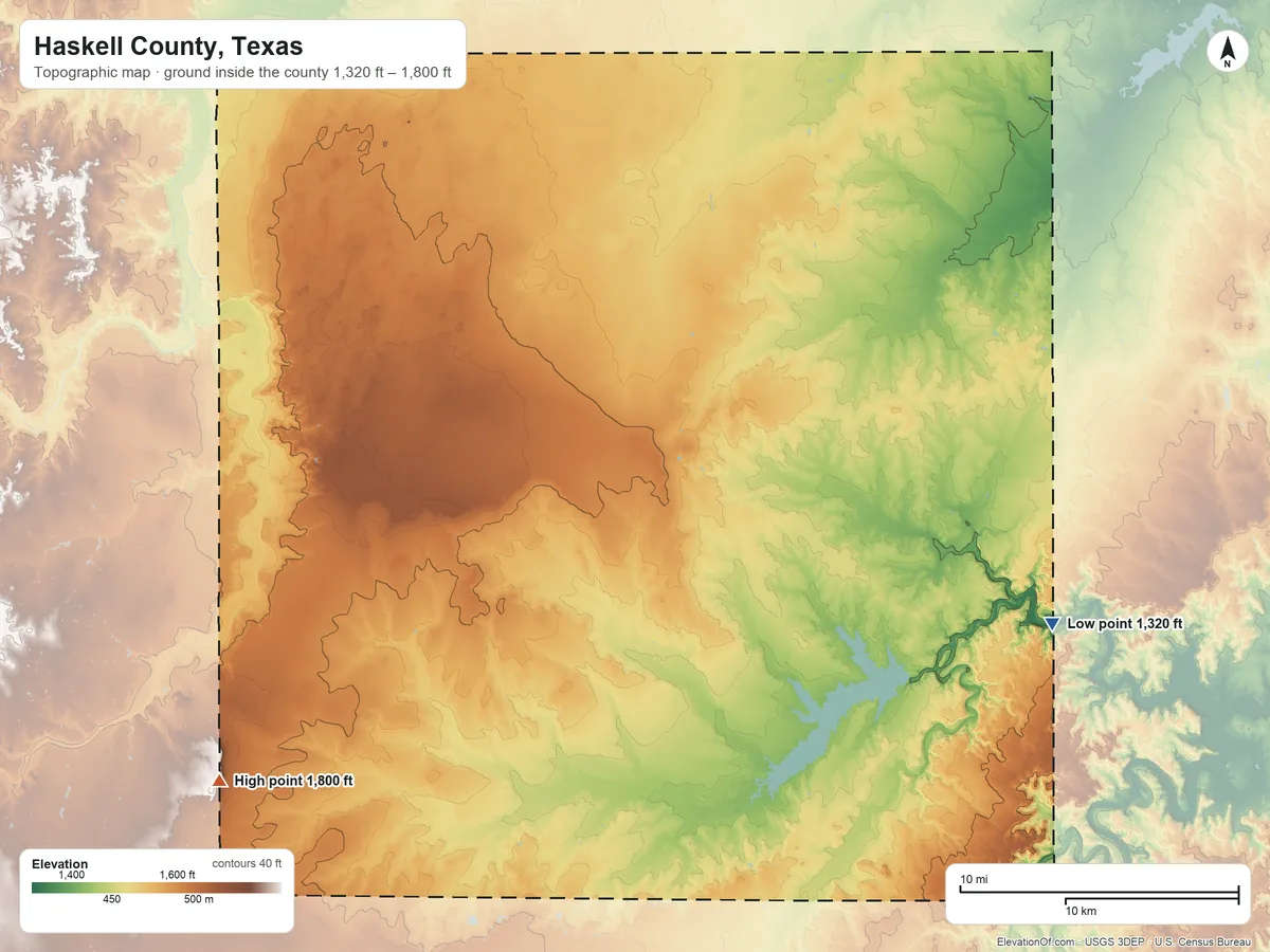 Topographic elevation map of Haskell County, Texas, shaded from 1,320 ft on the east side to 1,800 ft on the southwest side