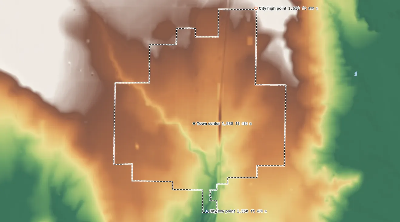 Topographic elevation map of Haskell, Texas, shaded from 1,550 ft on the south side to 1,610 ft on the northeast side