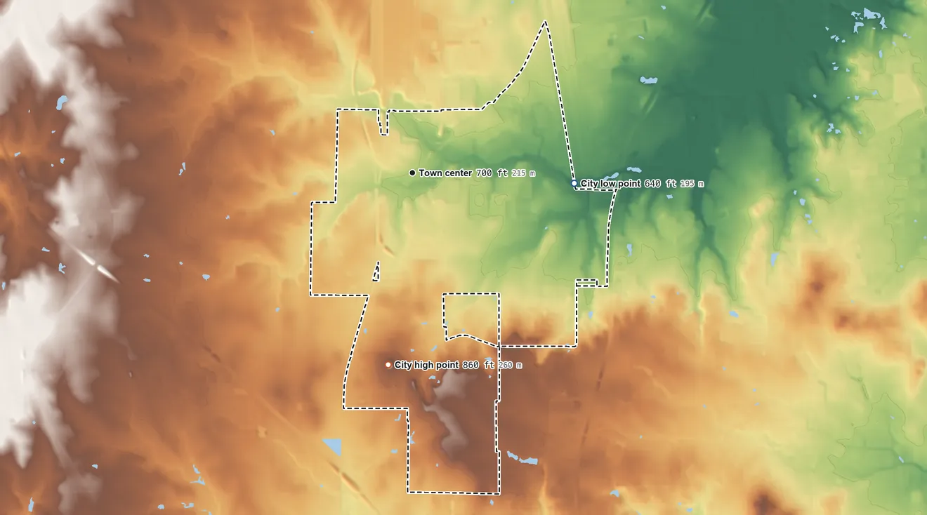 Topographic elevation map of Haslet, Texas, shaded from 640 ft on the east side to 860 ft on Blue Mound