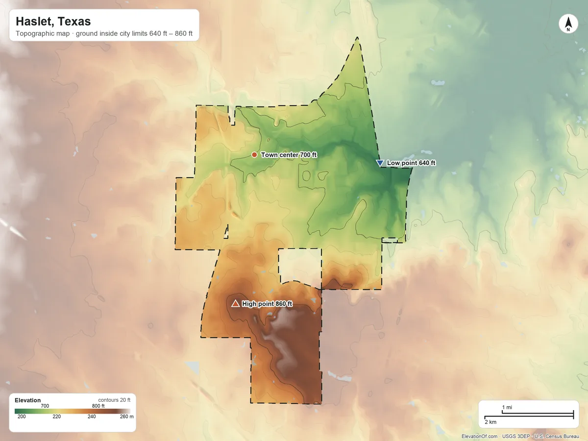 Topographic elevation map of Haslet, Texas, shaded from 640 ft on the east side to 860 ft on Blue Mound